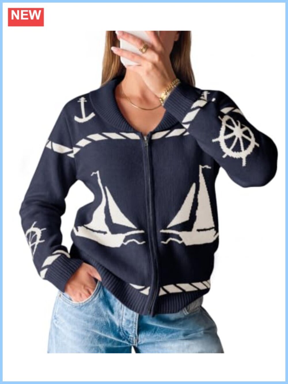 Zip Up Collared Sweater Jacket Nautical Inspired Cardigan